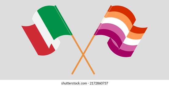 Crossed and waving flags of Italy and Lesbian Pride. Vector illustration
