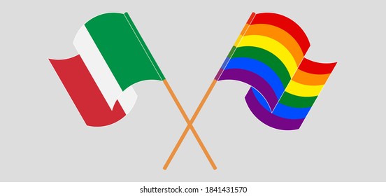 Crossed and waving flags of Italy and LGBTQ