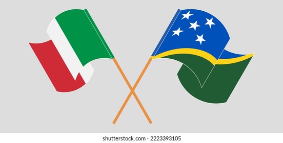 Crossed and waving flags of Italy and Solomon Islands. Vector illustration
