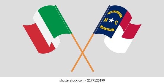 Crossed and waving flags of Italy and The State of North Carolina. Vector illustration
