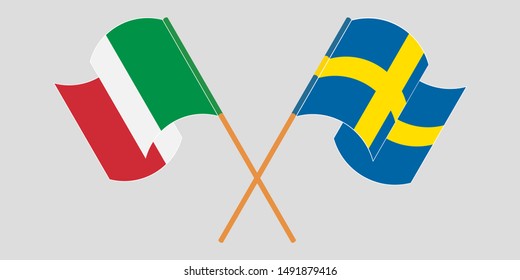 Crossed and waving flags of Italy and Sweden. Vector illustration
