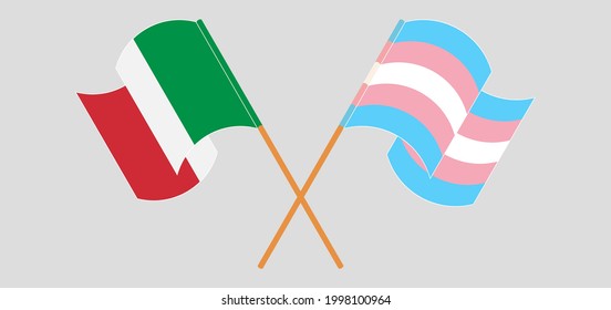 Crossed and waving flags of Italy and transgender pride