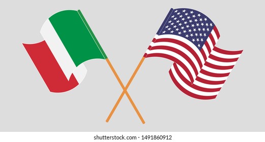 Crossed and waving flags of Italy and the USA. Vector illustration