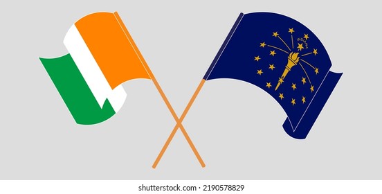 Crossed and waving flags of Ivory Coast and the State of Indiana. Vector illustration
