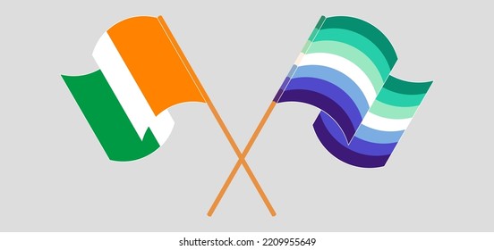 Crossed and waving flags of Ivory Coast and gay men pride. Vector illustration
