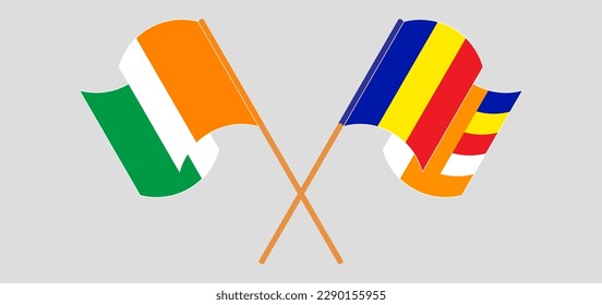 Crossed and waving flags of Ivory Coast and Buddhism. Vector illustration
