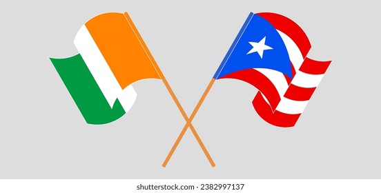 Crossed and waving flags of Ivory Coast and Puerto Rico. Vector illustration

