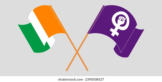 Crossed and waving flags of Ivory Coast and Feminism. Vector illustration
