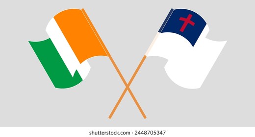 Crossed and waving flags of Ivory Coast and christianity. Vector illustration
