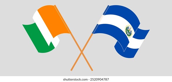 Bandeiras cruzadas e acenando da Costa do Marfim e da República de El Salvador. Ilustração vetorial.
