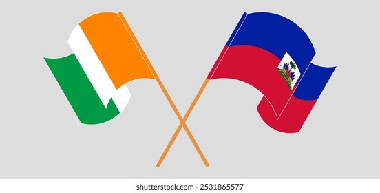 Bandeiras cruzadas e acenando da Costa do Marfim e da República do Haiti. Ilustração vetorial.
