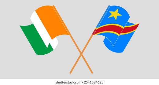 Crossed and waving flags of Ivory Coast and Democratic Republic of the Congo. Vector illustration.
