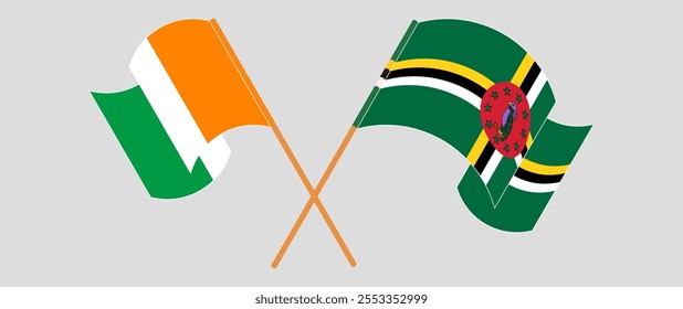 Crossed and waving flags of Ivory Coast and Dominica. Vector illustration.
