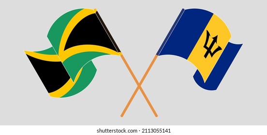 Crossed and waving flags of Jamaica and Barbados. Vector illustration
