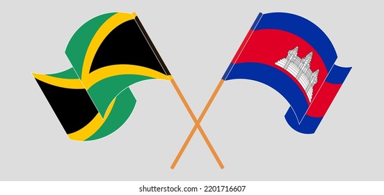 Crossed and waving flags of Jamaica and Cambodia. Vector illustration

