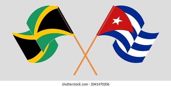 Crossed and waving flags of Jamaica and Cuba