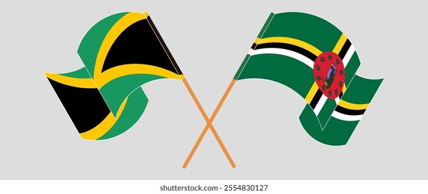 Crossed and waving flags of Jamaica and Dominica. Vector illustration.
