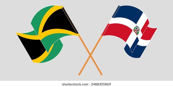 Crossed and waving flags of Jamaica and Dominican Republic. Vector illustration
