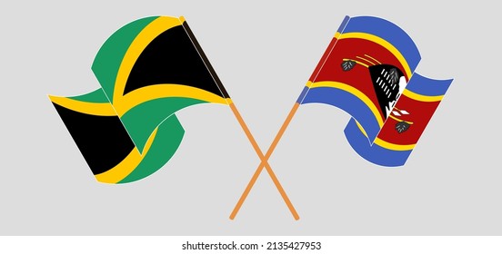 Crossed and waving flags of Jamaica and Eswatini. Vector illustration
