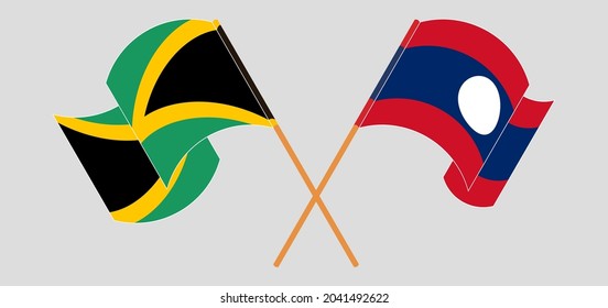 Crossed and waving flags of Jamaica and Laos