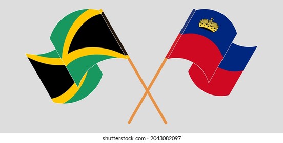 Crossed and waving flags of Jamaica and Liechtenstein
