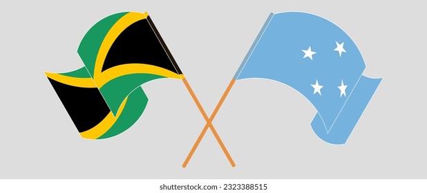 Crossed and waving flags of Jamaica and Micronesia. Vector illustration
