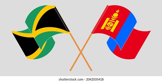 Crossed and waving flags of Jamaica and Mongolia