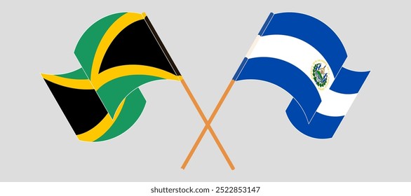 Crossed and waving flags of Jamaica and Republic of El Salvador. Vector illustration.
