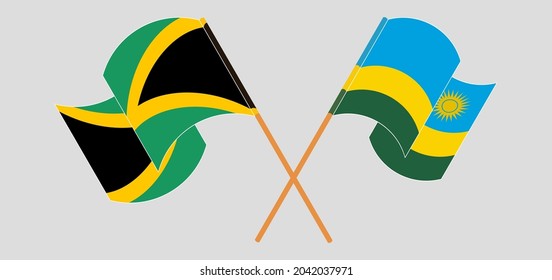 Crossed and waving flags of Jamaica and Rwanda