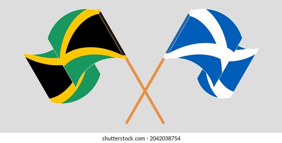 Crossed and waving flags of Jamaica and Scotland