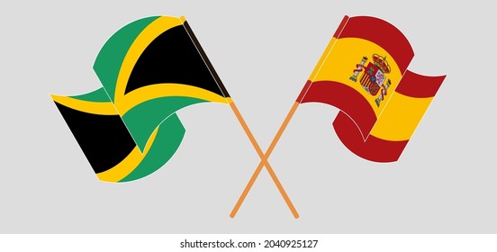 Crossed and waving flags of Jamaica and Spain