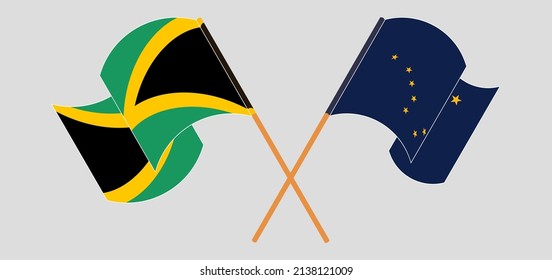 Gekreuzte und wehende Flaggen Jamaikas und des Staates Alaska. Vektorgrafik
