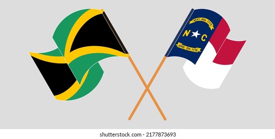 Crossed and waving flags of Jamaica and The State of North Carolina. Vector illustration
