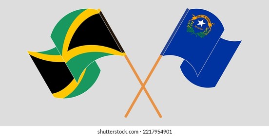 Crossed and waving flags of Jamaica and The State of Nevada. Vector illustration
