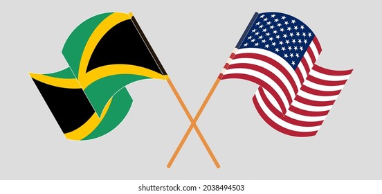 Crossed and waving flags of Jamaica and the USA