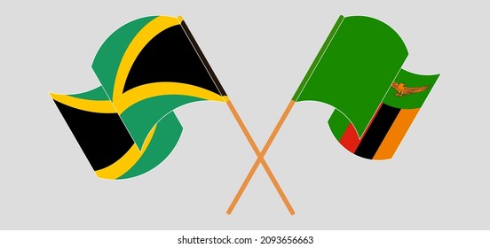 Crossed and waving flags of Jamaica and Zambia. Vector illustration
