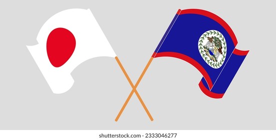 Crossed and waving flags of Japan and Belize. Vector illustration
