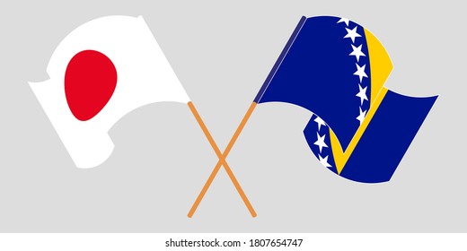 Crossed and waving flags of Japan and Bosnia and Herzegovina