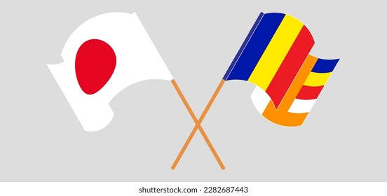 Crossed and waving flags of Japan and Buddhism. Vector illustration