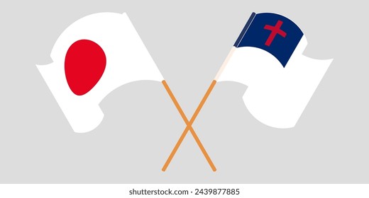 Crossed and waving flags of Japan and christianity. Vector illustration
