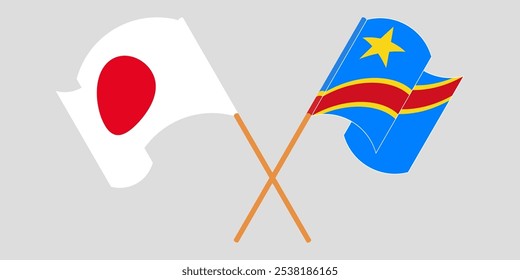 Bandeiras cruzadas e acenando do Japão e da República Democrática do Congo. Ilustração vetorial.
