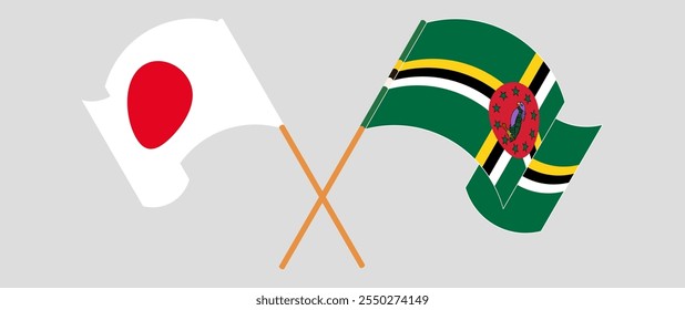 Crossed and waving flags of Japan and Dominica. Vector illustration.
