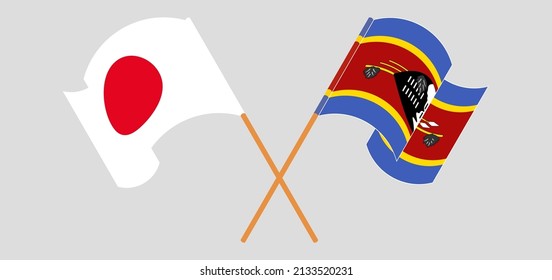 Crossed and waving flags of Japan and Eswatini. Vector illustration
