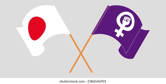 Crossed and waving flags of Japan and Feminism. Vector illustration
