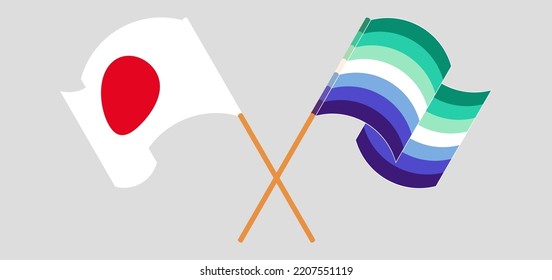 Crossed and waving flags of Japan and gay men pride. Vector illustration
