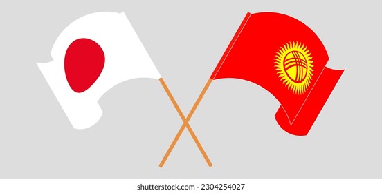 Crossed and waving flags of Japan and Kyrgyzstan. Vector illustration
