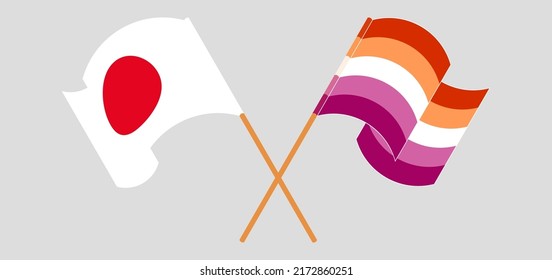 Crossed and waving flags of Japan and Lesbian Pride. Vector illustration
