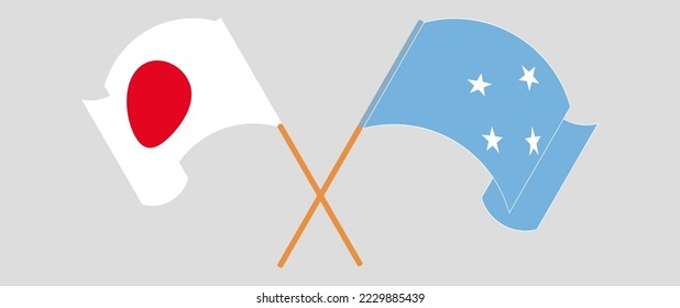 Crossed and waving flags of Japan and Micronesia. Vector illustration
