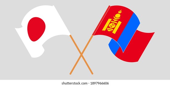 Crossed and waving flags of Japan and Mongolia