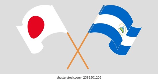 Crossed and waving flags of Japan and Nicaragua. Vector illustration
